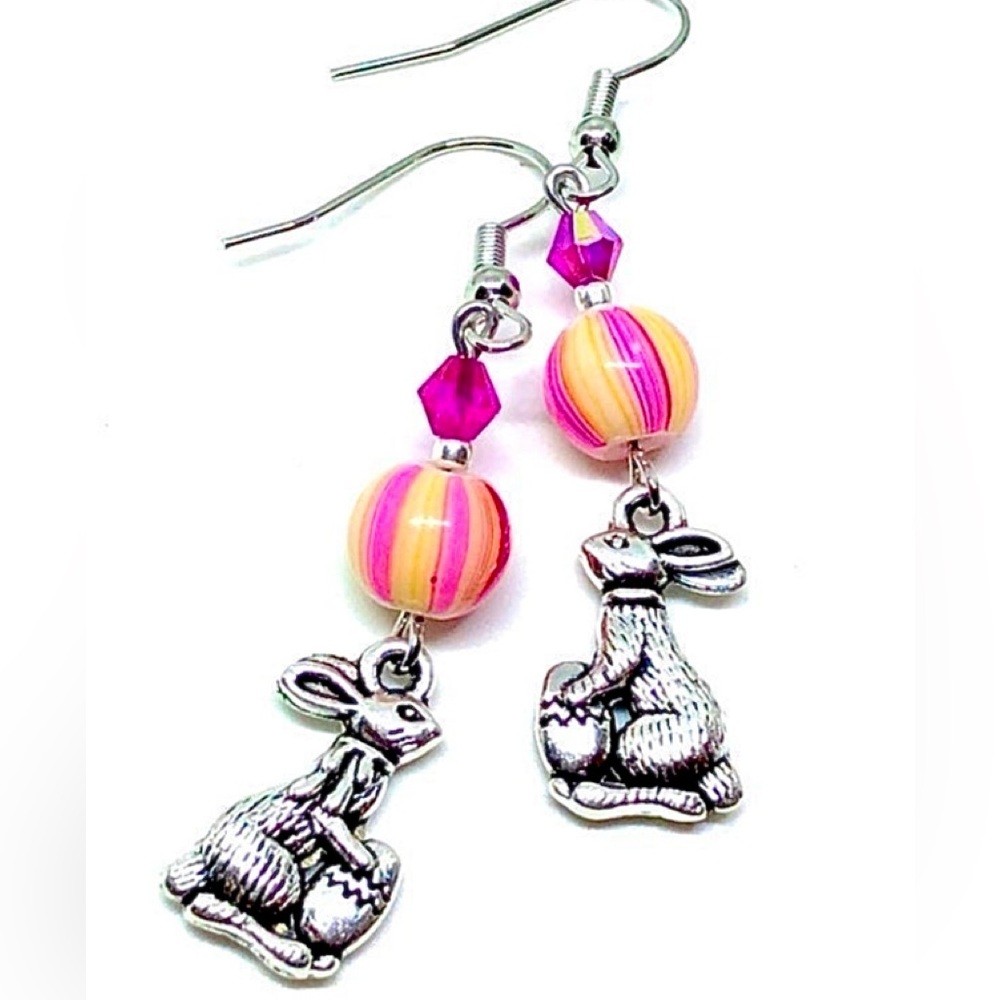 Easter Bunny Rabbit Pink Striped Yellow Glass and Crystal Bead Dangle Earrings